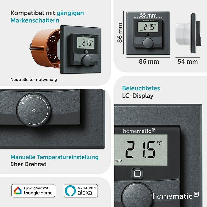 Homematic IP Funk-Raumthermostat HmIP-BWTH-A (Netzbetrieben, 230 V, 54 x 86 x 86 mm, Anthrazit) | BAUHAUS