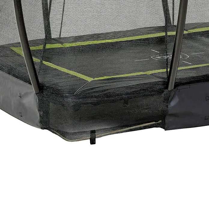 Exit Toys Trampolin Silhouette Bodentrampolin mit Sicherheitsnetz - Schwarz, 214 x 153 x 205 cm - Schwarzes Trampolin-Sicherheitsnetz mit Stangen und Polsterung, akzentuiert mit Neongrün auf der Sprungmatte.