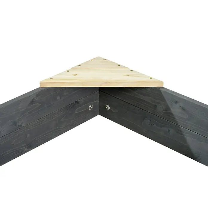 Exit Toys Sandkasten Aksent Boot - 190 x 90 x 135 cm, Holz, Grau/Grün - Hölzerner Eckverbinder mit heller Dreiecksplatte und dunkelgrauen Balken, mit Schrauben und Bolzen befestigt.