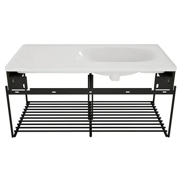 VitrA Equal Badmöbel-Set - Gesamtbreite Badmöbel: 103 cm, Weiß/Ulme, Glänzend, 3 -tlg., Mit Gestell - Weißes Waschbecken mit integrierter Ablage und schwarzem Metallrahmen-Unterschrank.