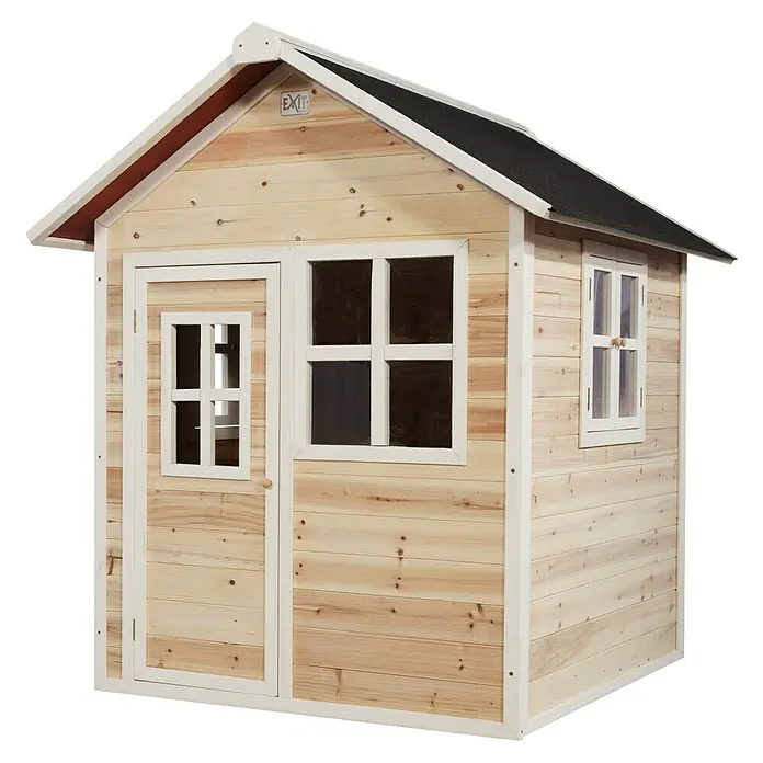 Exit Toys Spielhaus Loft 100 - L x B x H: 149 x 135 x 159 cm, Holz, Natur - Holzspielhaus mit dunklem Dach und weißer Zierleiste, mit Tür und mehreren Fenstern.