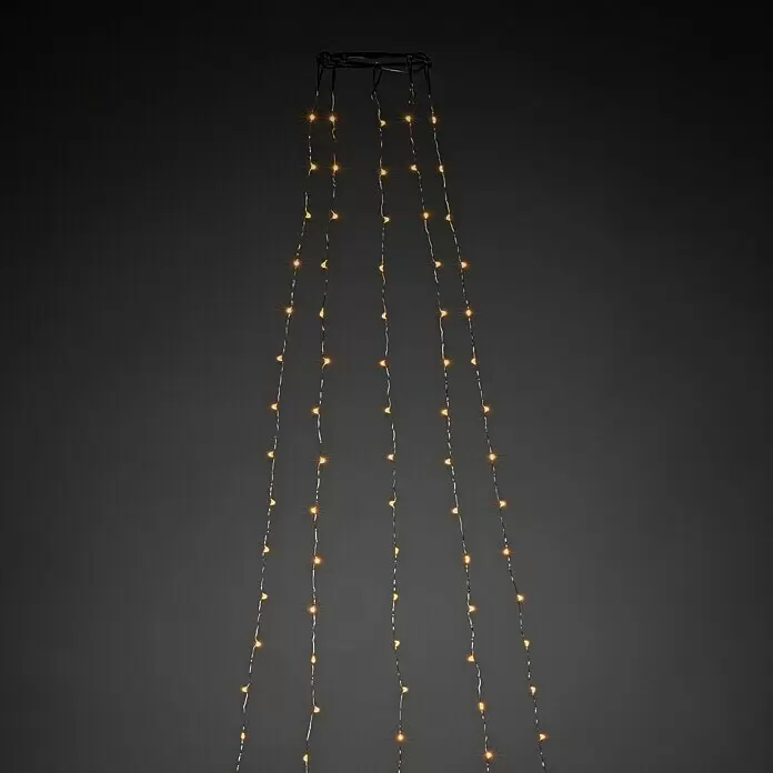 Konstsmide LED-Lichterkette Baummantel - Innen, Lichtfarbe: Bernstein, Anzahl Leuchtmittel: 180 Stk., Netzbetrieben - Hängeleuchte mit mehreren Strängen warmweißer LED-Lichterketten, die von einem dunklen Rahmen herabhängen.