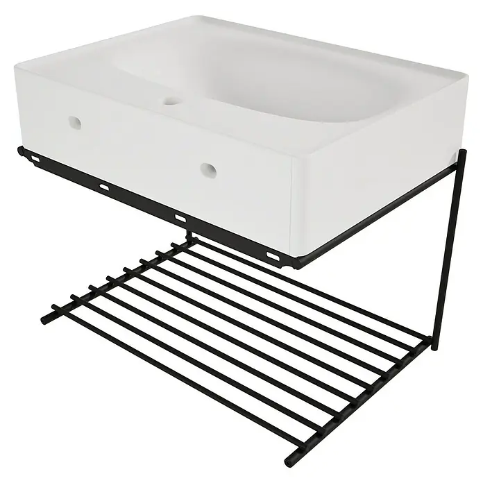 VitrA Equal Badmöbel-Set - Gesamtbreite Badmöbel: 62 cm, Weiß/Schwarz, Glänzend, 2 -tlg. - Weißes rechteckiges Keramik-Waschbecken auf schwarzem Metallgestell mit integrierter Lattenablage.