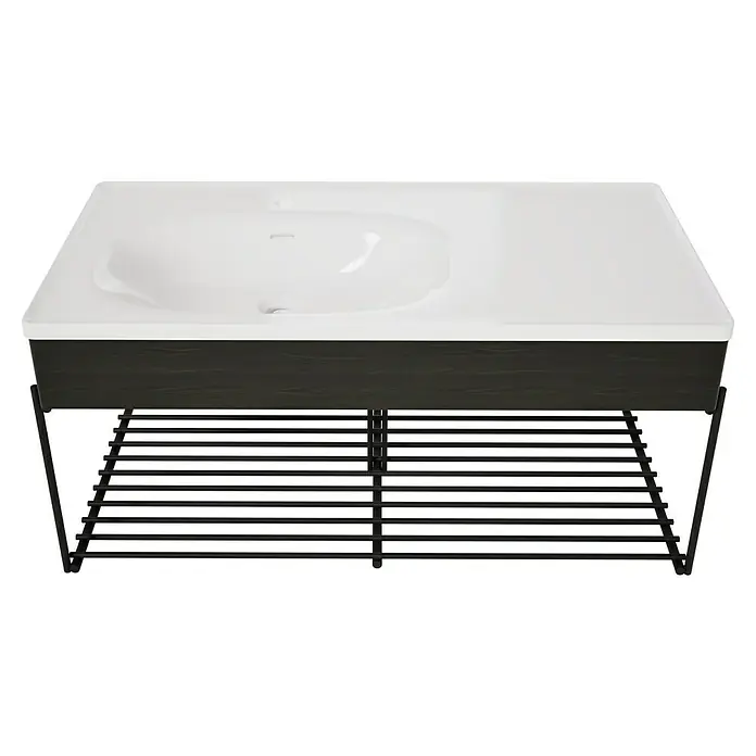 VitrA Equal Badmöbel-Set - Gesamtbreite Badmöbel: 103 cm, Weiß/Ulme, Glänzend, 3 -tlg., Mit Gestell - Weißer Waschtisch mit dunklem Holzschrank und schwarzem Metall-Lamellenregal.