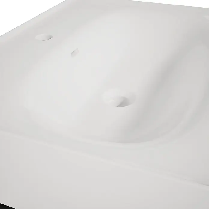 VitrA Equal Badmöbel-Set - Gesamtbreite Badmöbel: 62 cm, Weiß/Schwarz, Glänzend, 2 -tlg. - Weiße rechteckige Duschwanne mit geneigter Innenseite und zentralem Ablauf.
