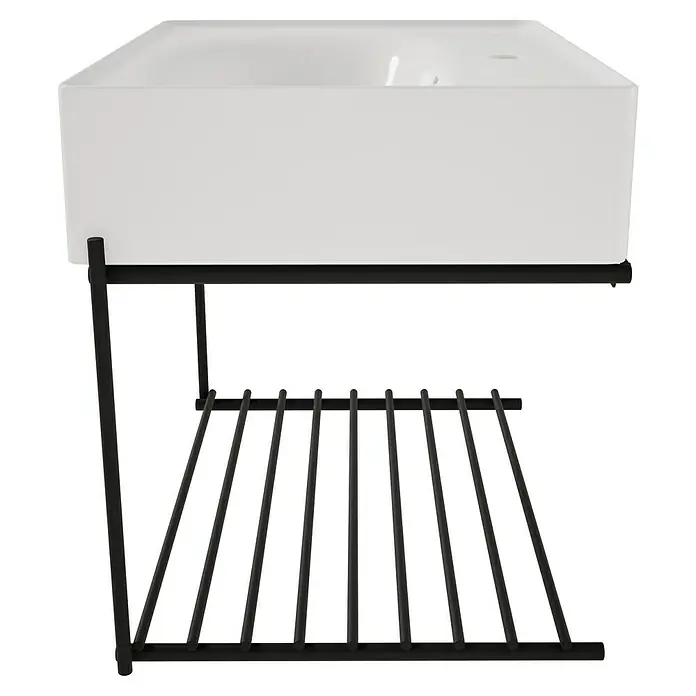 VitrA Equal Badmöbel-Set - Gesamtbreite Badmöbel: 62 cm, Weiß/Schwarz, Glänzend, 2 -tlg. - Weißes rechteckiges Waschbecken auf schwarzem Metallgestell mit unterer Lattenablage.