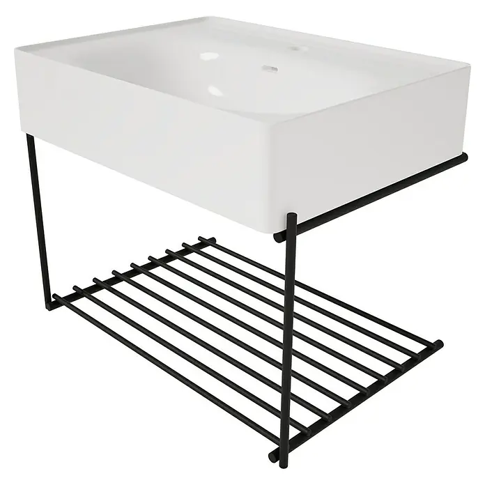 VitrA Equal Badmöbel-Set - Gesamtbreite Badmöbel: 62 cm, Weiß/Schwarz, Glänzend, 2 -tlg. - Weißes rechteckiges Keramikwaschbecken mit schwarzem Metallgestell und Lattenrostablage.