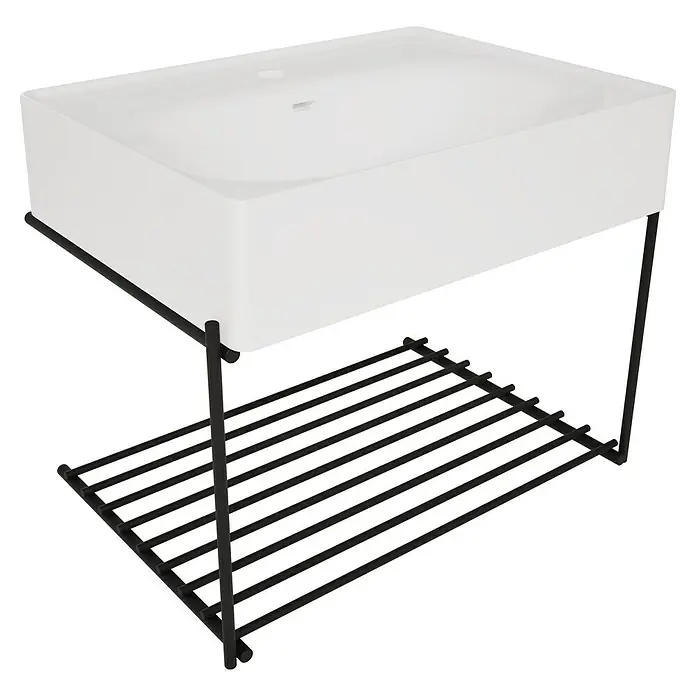 VitrA Equal Badmöbel-Set - Gesamtbreite Badmöbel: 62 cm, Weiß/Schwarz, Glänzend, 2 -tlg. - Weißes rechteckiges Waschbecken auf schwarzem Metallgestell mit unterer Lattenablage. Moderne Badarmatur.