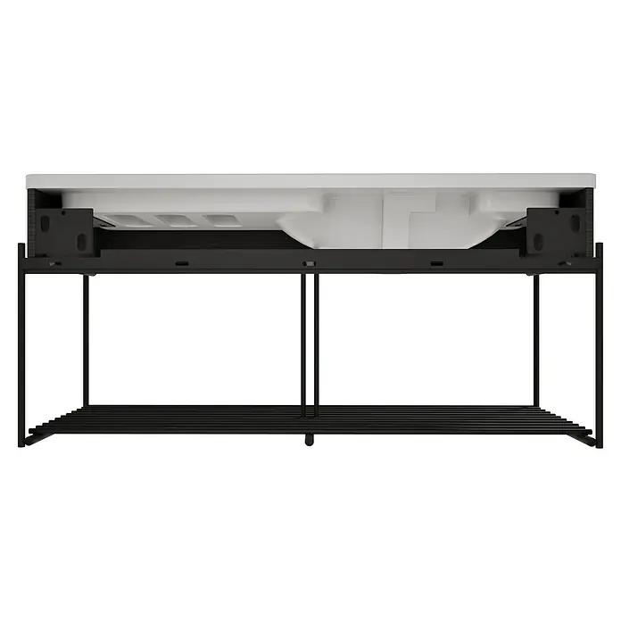 VitrA Equal Badmöbel-Set - Gesamtbreite Badmöbel: 103 cm, Steingrau/Schwarz-Eiche, Matt, 3 -tlg., Mit Gestell - Unteransicht eines weißen Waschbeckens mit schwarzem Metallrahmen und Lattenrostablage.