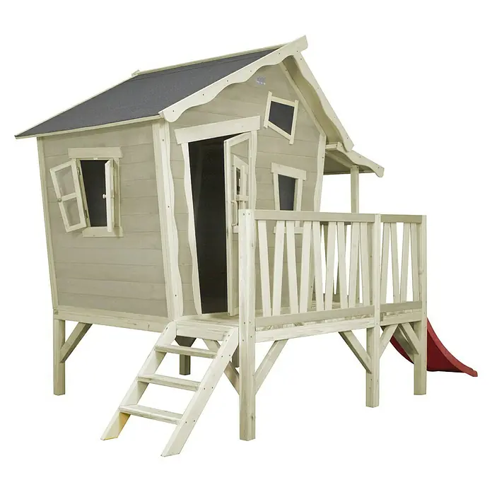 Exit Toys Spielhaus Crooky 350 - L x B x H: 322 x 184 x 227 cm, Holz, Grau/Beige - Erhöhtes Holzspielhaus für Kinder mit dunkelgrauem Dach, Balkon, Treppe und einer roten Rutsche.