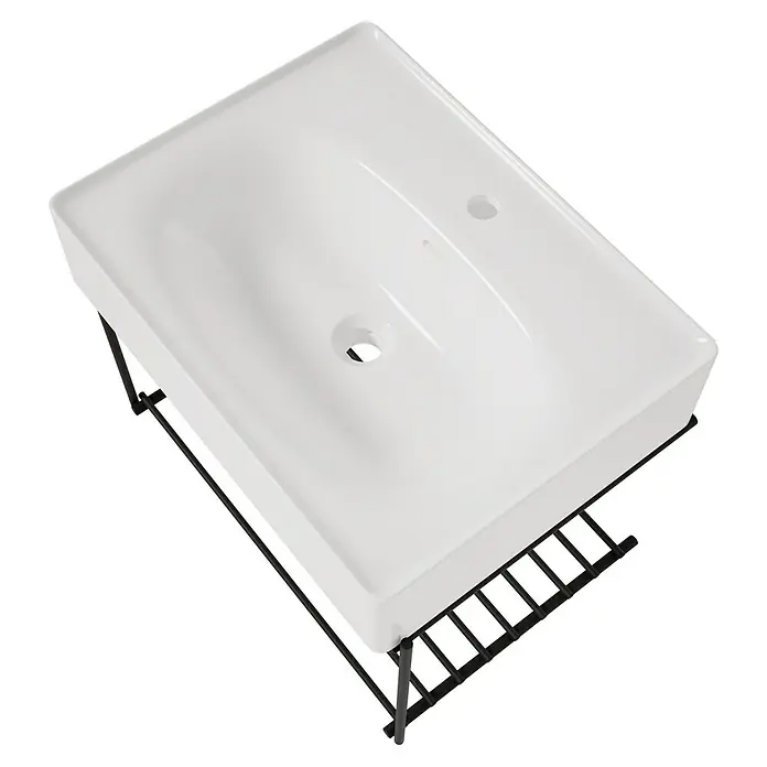 VitrA Equal Badmöbel-Set - Gesamtbreite Badmöbel: 62 cm, Weiß/Schwarz, Glänzend, 2 -tlg. - Weißes Keramik-Waschbecken mit integriertem schwarzem Metallgestell.