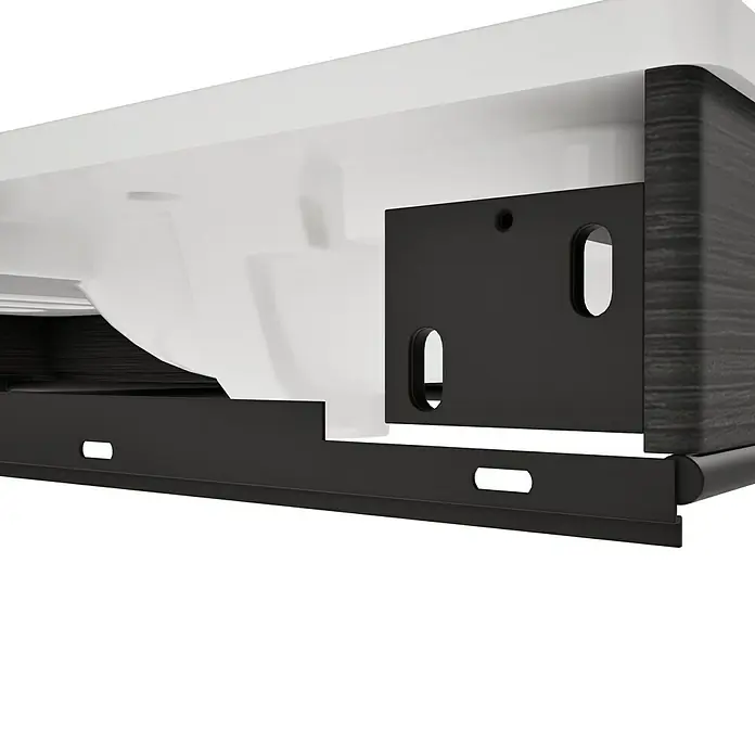 VitrA Equal Badmöbel-Set - Gesamtbreite Badmöbel: 103 cm, Weiß/Schwarz-Eiche, Glänzend, 3 -tlg., Mit Handtuchhalter - Unterseite eines weißen Möbelteils mit schwarzer strukturierter Seite und schwarzen Metallhalterungen/Schubladenführungen.