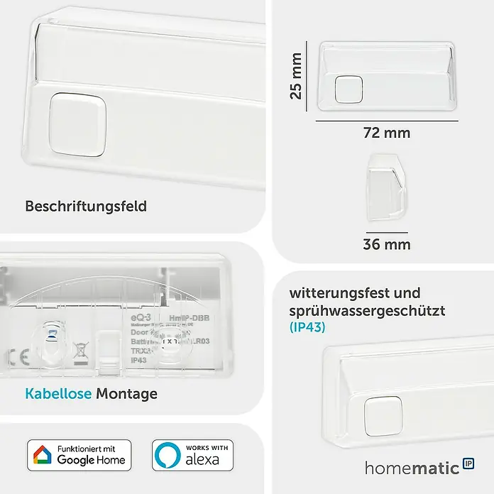 Homematic IP Klingeltaster - Weiß, 9,3 x 12,2 x 3,6 cm, Kunststoff - Weißer, rechteckiger Homematic IP Funk-Türsensor, IP43 wetterfest.