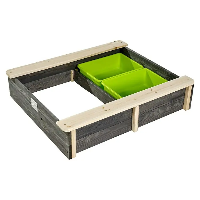 Exit Toys Sandkasten Aksent Behälter - 94 x 77 x 20 cm, Holz, Grau - Holzsandschale mit zwei leuchtend grünen Plastikbehältern, mit dunkelgrauem Holzrahmen und hellen Sitzkanten.