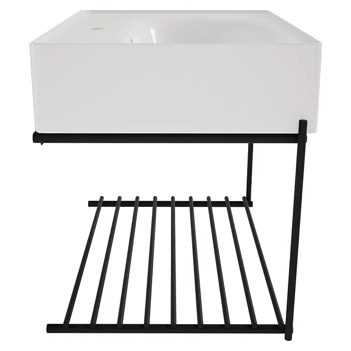 VitrA Equal Badmöbel-Set - Gesamtbreite Badmöbel: 62 cm, Weiß/Schwarz, Glänzend, 2 -tlg. - Weißes rechteckiges Keramikwaschbecken auf einem schwarzen Metallgestell mit unterer Lattenablage.
