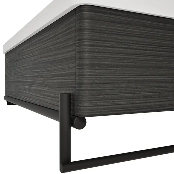VitrA Equal Badmöbel-Set - Gesamtbreite Badmöbel: 103 cm, Weiß/Schwarz-Eiche, Glänzend, 3 -tlg., Mit Handtuchhalter - Modernes dunkelgraues Badmöbel in Holzoptik mit weißer Platte und schwarzem Metall-Handtuchhalter.