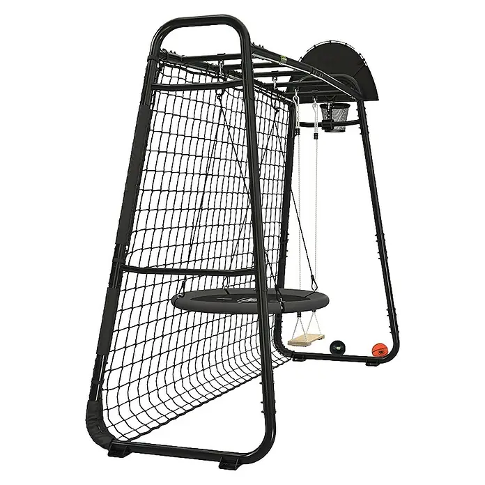 Exit Toys Klettergerüst GetSet Monkeybar MB205 - 331 x 115 x 248 cm, Stahl, Schwarz - Schwarze Multisport-Trainingsstation mit großem Netz, Basketballkorb, Schlag-Tee und Zielen.