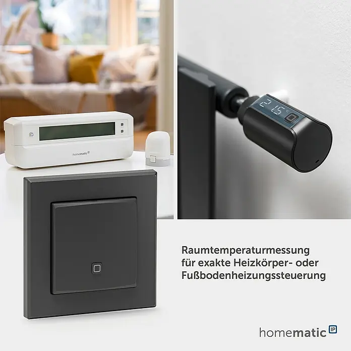 Homematic IP Funk-Temperatursensor HmIP-STH-A - Anthrazit, 20 x 86 x 86 mm, Batteriebetrieben - Homematic IP Smart Home Heizungssteuerungen: weißes Display-Thermostat, kleiner Sensor, schwarzes digitales Heizkörperventil (21.5°C), dunkelgrauer Wandschalter.