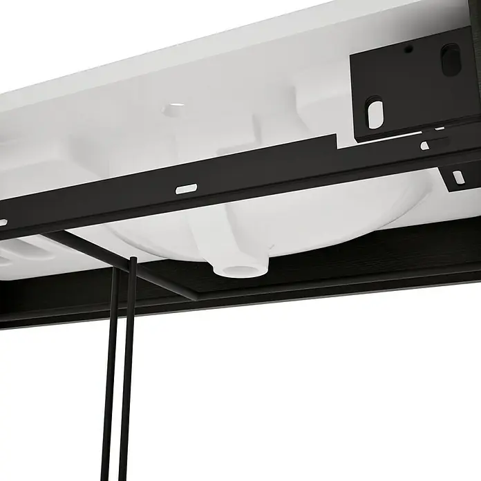 VitrA Equal Badmöbel-Set - Gesamtbreite Badmöbel: 103 cm, Weiß/Ulme, Glänzend, 3 -tlg., Mit Gestell - Unterseite eines weißen Waschbeckens mit schwarzem Metallrahmen und dunkler Holzablage.
