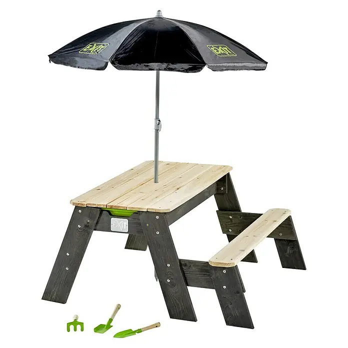 Exit Toys Kinder-Picknicktisch Aksent Sand- und Wassertisch-Set - L x B x H: 94 x 94 x 50 cm, Holz, 1 Bank - Kinder-Holzpiknicktisch mit Schirm, heller Holzplatte, dunkelgrauen Beinen und grünem Gartenspielzeug.