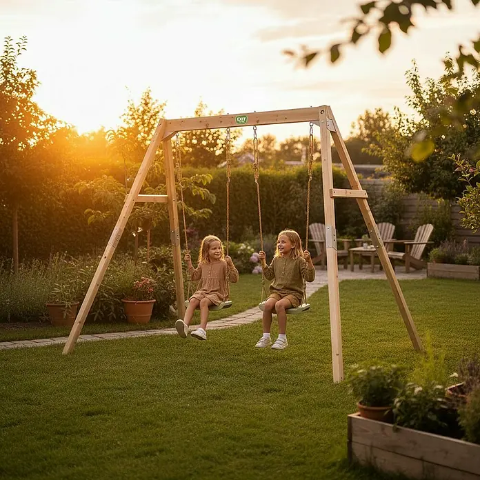 Exit Toys Schaukel Silvi Duo - B x L: 192 x 247 cm, Holz - Zwei Mädchen schaukeln auf einer natürlichen Holzschaukel im Garten bei Sonnenuntergang, was ihre robuste Bauweise und ihren Spaß für Kinder zeigt.