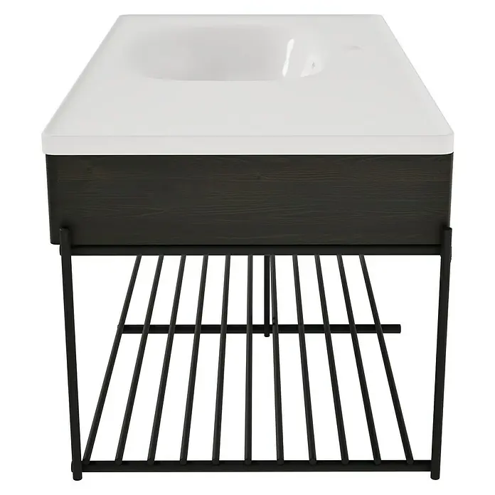 VitrA Equal Badmöbel-Set - Gesamtbreite Badmöbel: 103 cm, Weiß/Ulme, Glänzend, 3 -tlg., Mit Gestell - Moderner Waschtisch mit weißem integriertem Waschbecken, dunklem Holzschrank und schwarzem Metall-Lattenrost.