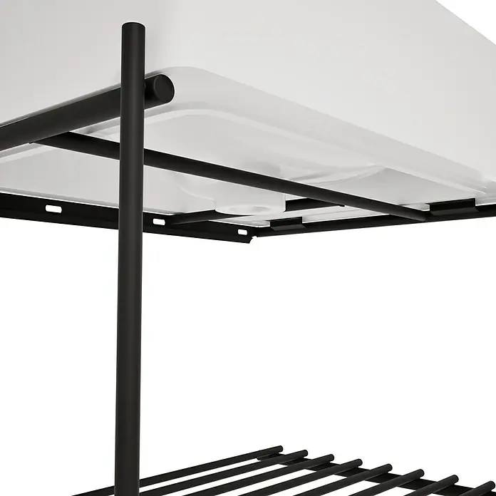 VitrA Equal Badmöbel-Set - Gesamtbreite Badmöbel: 62 cm, Weiß/Schwarz, Glänzend, 2 -tlg. - Unterseite eines Produkts mit weißer Oberfläche, gestützt von schwarzen Metallstangen und einem Pfosten, mit schwarzem Lattenrost darunter.