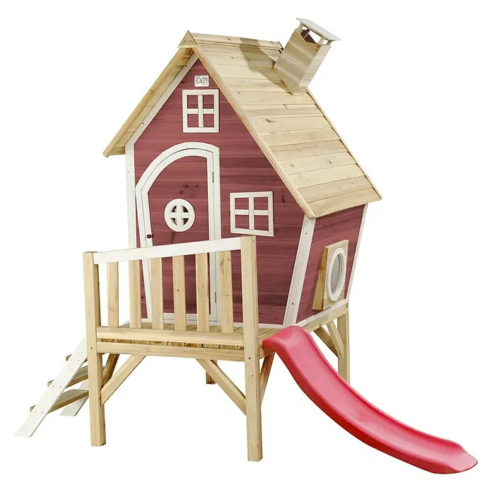 Exit Toys Spielhaus Fantasia 300 - L x B x H: 246 x 166 x 227 cm, Holz, Rot - Erhöhtes Holzspielhaus mit roten Wänden, Naturdach, weißem Rahmen, roter Rutsche und Leiter.