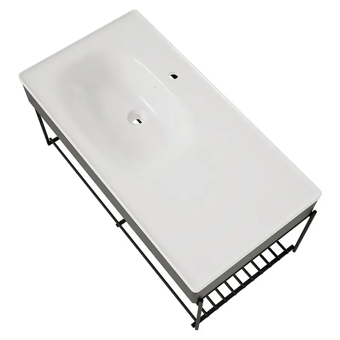 VitrA Equal Badmöbel-Set - Gesamtbreite Badmöbel: 103 cm, Weiß/Ulme, Glänzend, 3 -tlg., Mit Gestell - Weißes Keramik-Waschbecken mit integrierter Waschtischplatte und schwarzem, offenem Metallgestell.