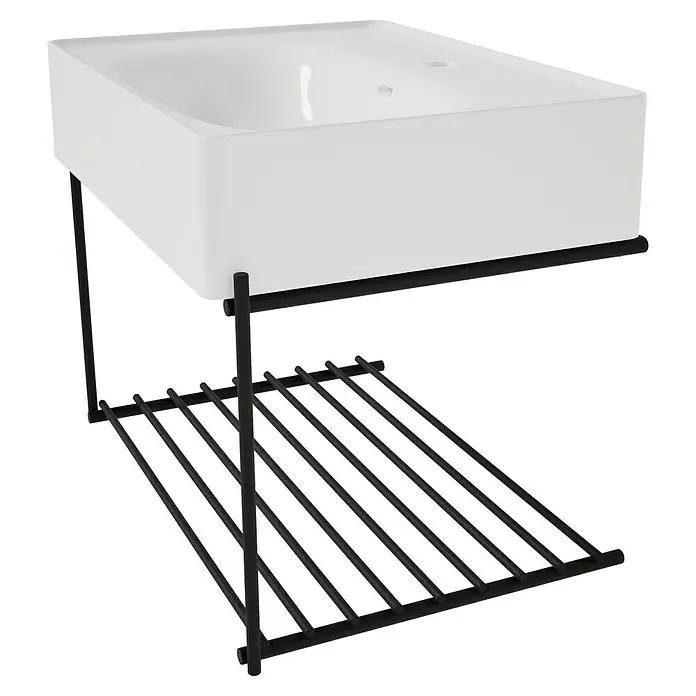 VitrA Equal Badmöbel-Set - Gesamtbreite Badmöbel: 62 cm, Weiß/Schwarz, Glänzend, 2 -tlg. - Weißes rechteckiges Waschbecken auf schwarzem Metallgestell mit Lattenrostablage für Handtücher.