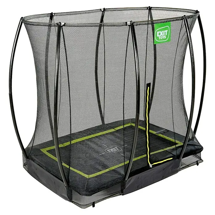 Exit Toys Trampolin Silhouette Bodentrampolin mit Sicherheitsnetz - Schwarz, 214 x 153 x 205 cm - Rechteckiges Trampolin mit schwarzem Sicherheitsnetz, schwarzer Sprungmatte mit grünen Akzenten und neongelbem Reißverschluss.