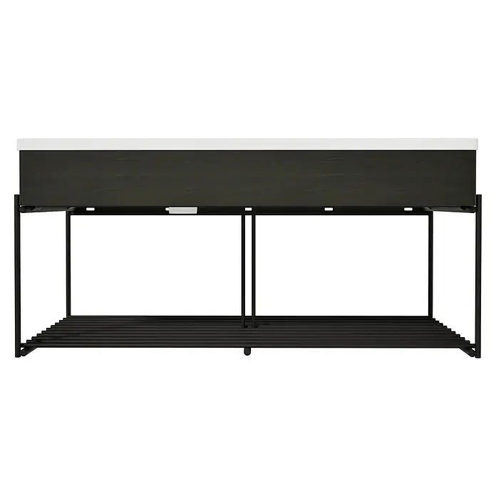 VitrA Equal Badmöbel-Set - Gesamtbreite Badmöbel: 103 cm, Weiß/Ulme, Glänzend, 3 -tlg., Mit Gestell - Dunkles Holz-Weiß-Konsolentisch mit schwarzem Metallrahmen und Lattenablagen.