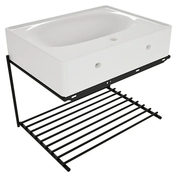 VitrA Equal Badmöbel-Set - Gesamtbreite Badmöbel: 62 cm, Weiß/Schwarz, Glänzend, 2 -tlg. - Weißes rechteckiges Waschbecken mit glänzender Oberfläche, getragen von einem schwarzem Metallgestell mit integrierter Lattenablage.