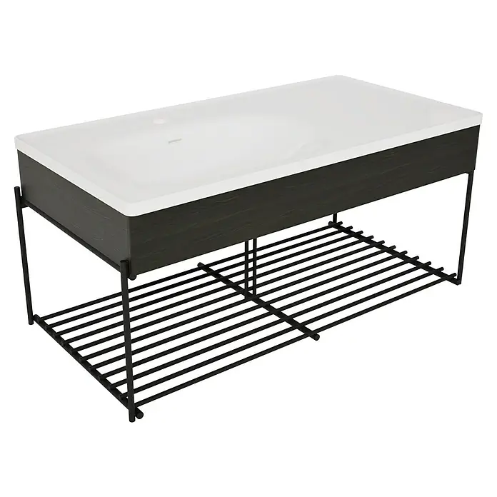 VitrA Equal Badmöbel-Set - Gesamtbreite Badmöbel: 103 cm, Weiß/Ulme, Glänzend, 3 -tlg., Mit Gestell - Modernes Badezimmerwaschtisch mit weißem Waschbecken, dunklem Holzschrank und schwarzem Metallgestell mit Lattenablage.