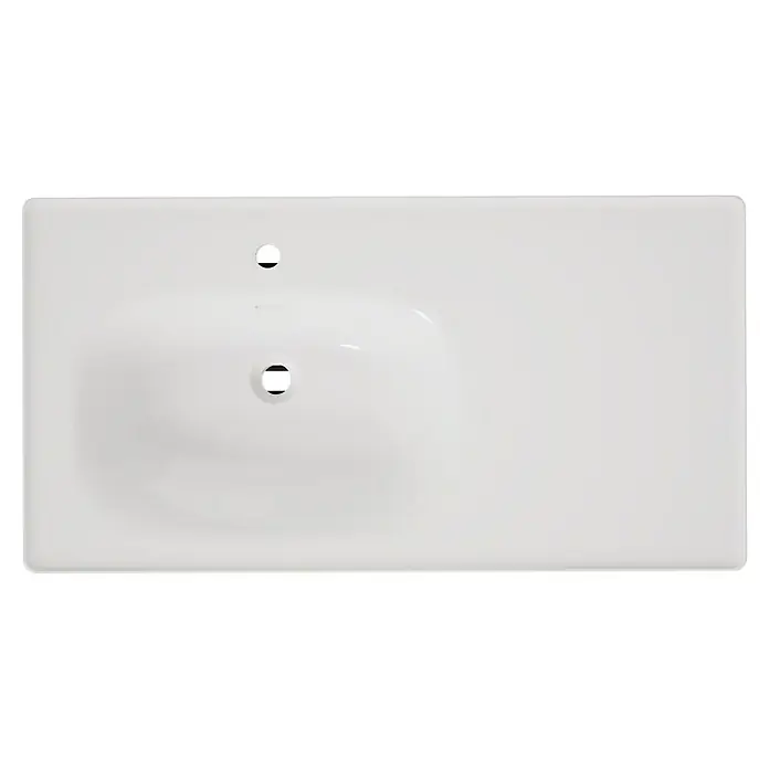VitrA Equal Badmöbel-Set - Gesamtbreite Badmöbel: 103 cm, Weiß/Ulme, Glänzend, 3 -tlg., Mit Gestell - Weißes Keramik-Einbauwaschbecken mit Hahn- und Abflusslöchern.