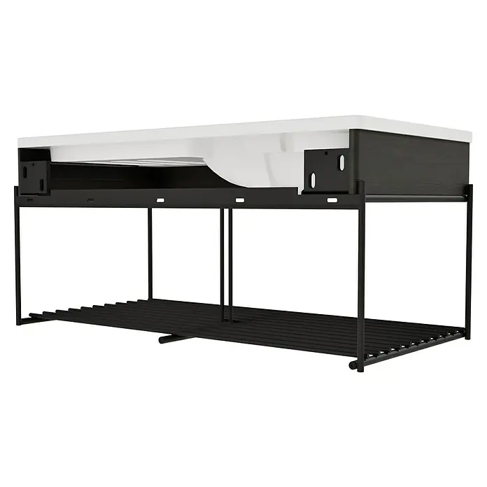 VitrA Equal Badmöbel-Set - Gesamtbreite Badmöbel: 103 cm, Weiß/Ulme, Glänzend, 3 -tlg., Mit Gestell - Moderner Waschtischunterschrank mit weißer Platte, dunklem Holzschrank und schwarzem Metallgestell mit integrierter Lattenablage.