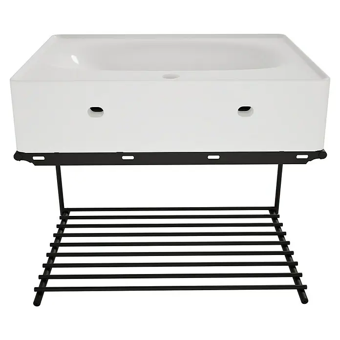 VitrA Equal Badmöbel-Set - Gesamtbreite Badmöbel: 62 cm, Weiß/Schwarz, Glänzend, 2 -tlg. - Weißes rechteckiges Waschbecken auf schwarzem Metallgestell mit Lamellenablage.