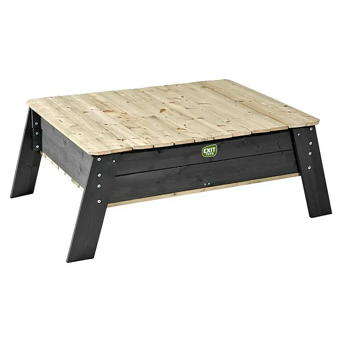 Exit Toys Kindertisch Aksent Sandtisch - L x B x H: 146 x 94 x 50 cm, Holz, Grau - Holzsandkasten mit heller Holzplatte und dunkelgrauem Rahmen, mit EXIT TOYS Logo.