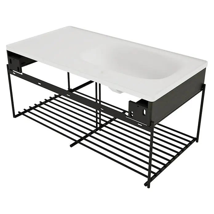 VitrA Equal Badmöbel-Set - Gesamtbreite Badmöbel: 103 cm, Weiß/Ulme, Glänzend, 3 -tlg., Mit Gestell - Weißer Waschbeckenunterschrank mit dunkelgrauem Holzschrank und schwarzem Metallgestell mit Lamellenablage.