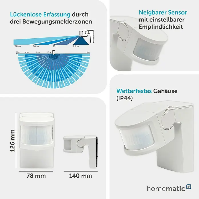 Homematic IP Bewegungsmelder mit Schaltaktor - Weiß, 1.150 W - Weißer Bewegungsmelder mit neigbarem Sensor, wetterfestem Gehäuse (IP44) und 180° Erfassungsbereich.