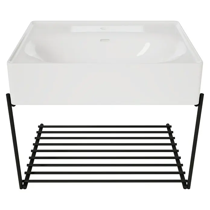 VitrA Equal Badmöbel-Set - Gesamtbreite Badmöbel: 62 cm, Weiß/Schwarz, Glänzend, 2 -tlg. - Weißes Keramik-Waschbecken mit schwarzem Metallgestell und Handtuchablage.