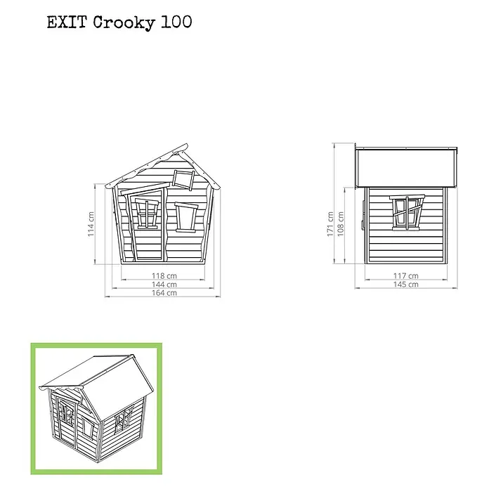 Exit Toys Spielhaus Crooky 100 - L x B x H: 164 x 145 x 171 cm, Holz, Grau/Beige - Architekturzeichnungen und eine 3D-Isometrieansicht des EXIT Crooky 100 Holzspielhauses mit Maßen und Designdetails.