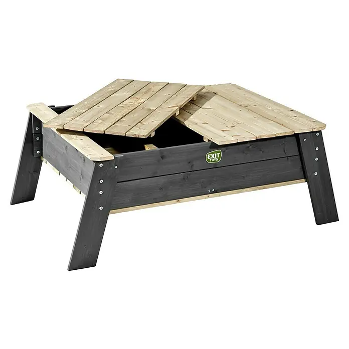 Exit Toys Kindertisch Aksent Sandtisch - L x B x H: 146 x 94 x 50 cm, Holz, Grau - Holzsandelkasten mit dunkelgrauem Rahmen und naturholzfarbener Abdeckung, die sich zu Bänken ausklappen lässt.