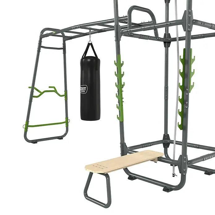 Exit Toys Klettergerüst GetSet Powerstation PS510 - 437 x 217 x 297 cm, Stahl, Grau/Grün - Graues Klettergerüst aus Metall mit grünen Akzenten, inklusive Boxsack und Holzbank.