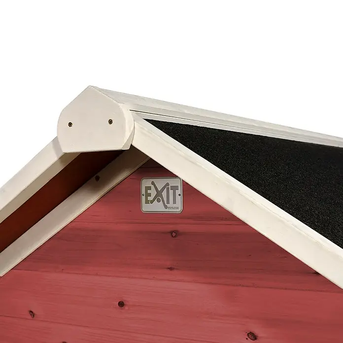 Exit Toys Spielhaus Loft 150 - L x B x H: 188 x 149 x 159 cm, Holz, Rot - Rotes Holzspielhausdach mit schwarzem Strukturmaterial, weißer Zierleiste und silbernem 'EXIT Toys' Logo.