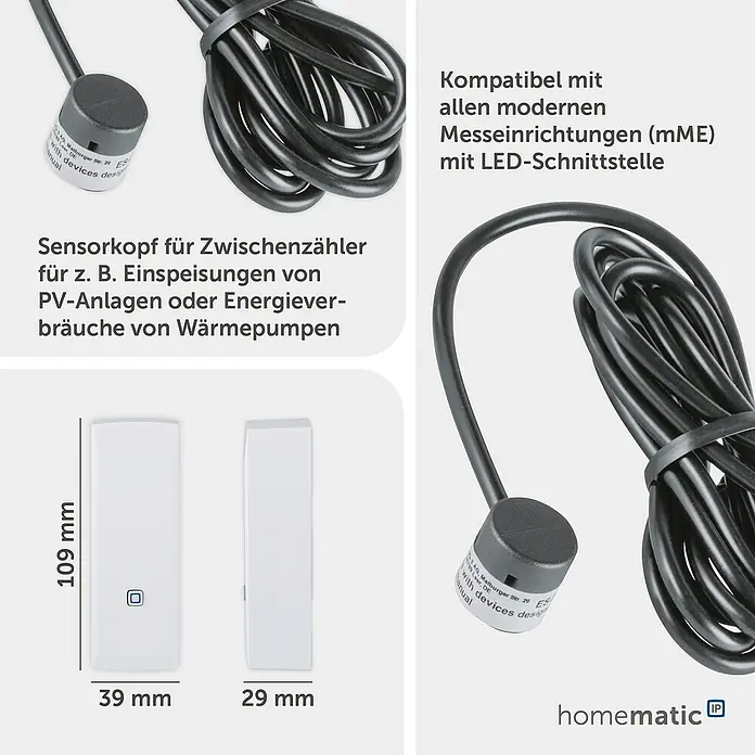 Homematic IP Kontakt-Schnittstelle HmIP-ESI-LED für digitale Stromzähler - Batteriebetrieben - Schwarzer Sensorkopf mit Kabel und weißem Messmodul für Energiezähler.