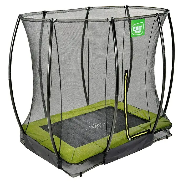 Exit Toys Trampolin Silhouette Bodentrampolin mit Sicherheitsnetz - Grün, 214 x 153 x 205 cm - Rechteckiges Trampolin mit schwarzer Sprungmatte, grüner Schutzpolsterung und Fangnetz mit gelbem Reißverschlusseingang.