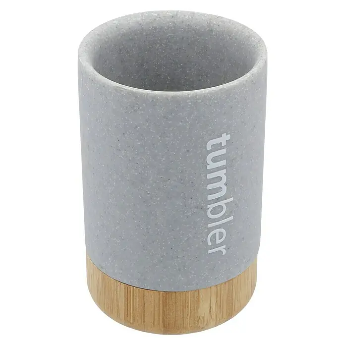 Venus Cooper Zahnputzbecher - Polyresin, Grau - Grauer Becher mit Holzsockel und dem Wort "Tumbler" seitlich geschrieben.