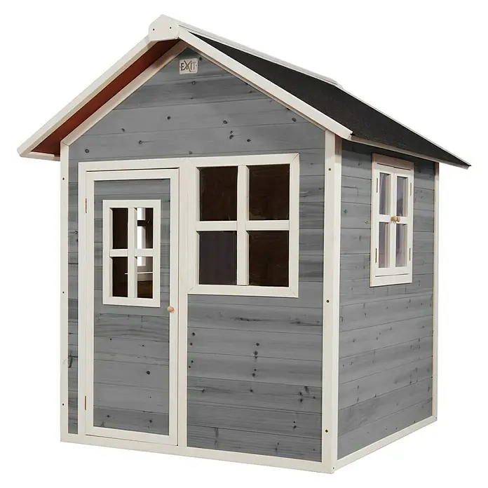 Exit Toys Spielhaus Loft 100 - L x B x H: 149 x 135 x 159 cm, Holz, Grau - Graues Holzspielhaus mit weißen Fensterrahmen, weißer Tür und dunklem Dach.