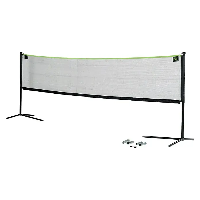 Exit Toys Sportnetz - Höhenverstellbar, 500 x 243 cm, Stahl - Tragbares Badmintonnetz mit schwarzen Stangen, weißem Netz, hellgrünem Rand und Metall-Bodenankern.